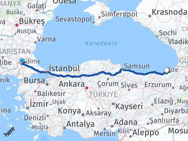 Edirne Güneysu Rize Arası Kaç Km - Yol Haritası