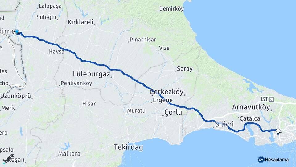 Edirne Halkalı Küçükçekmece İstanbul Arası Kaç Km - Yol Haritası