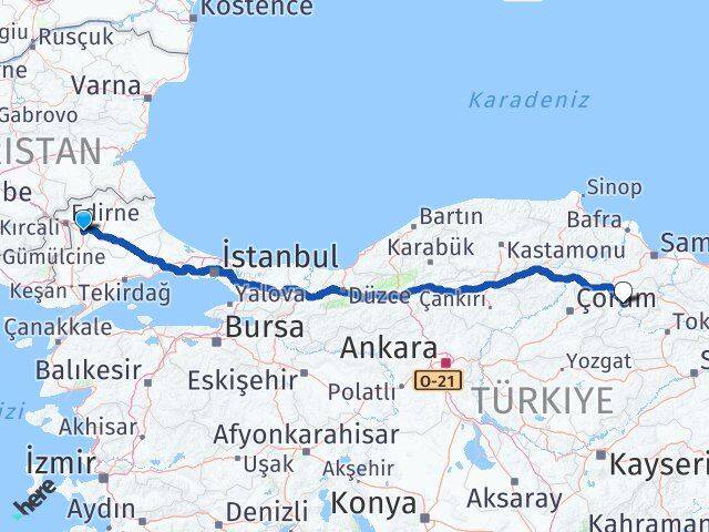 Edirne Havsa Amasya Arası Kaç Km - Yol Haritası