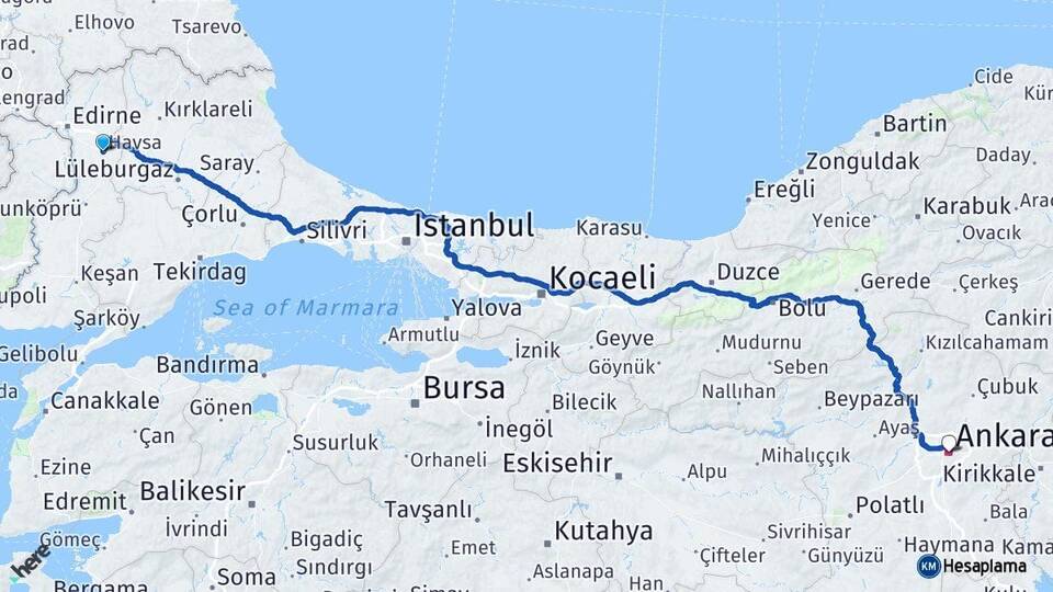 Edirne Havsa Ankara Arası Kaç Km - Yol Haritası