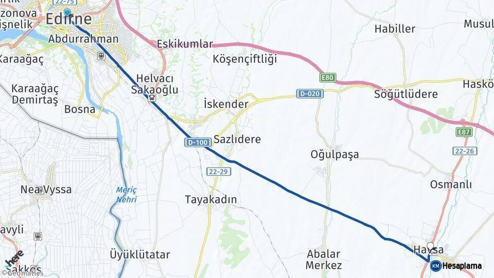 Edirne Havsa Arası Kaç Km - Yol Haritası