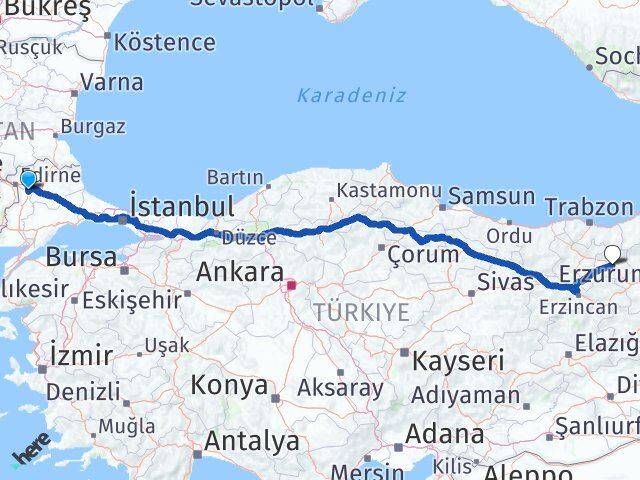 Edirne Havsa Bayburt Arası Kaç Km - Yol Haritası