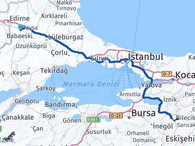 Edirne Havsa Bilecik Arası Kaç Km - Yol Haritası
