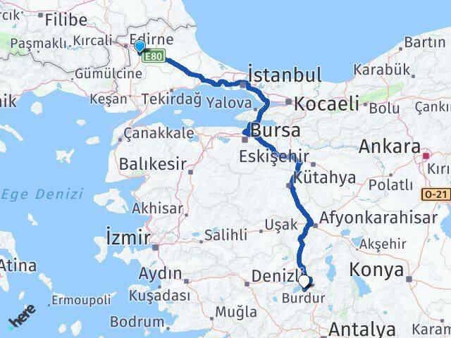 Edirne Havsa Burdur Arası Kaç Km - Yol Haritası