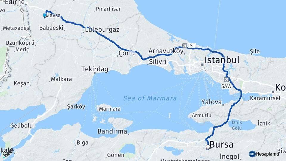 Edirne Havsa Bursa Arası Kaç Km - Yol Haritası