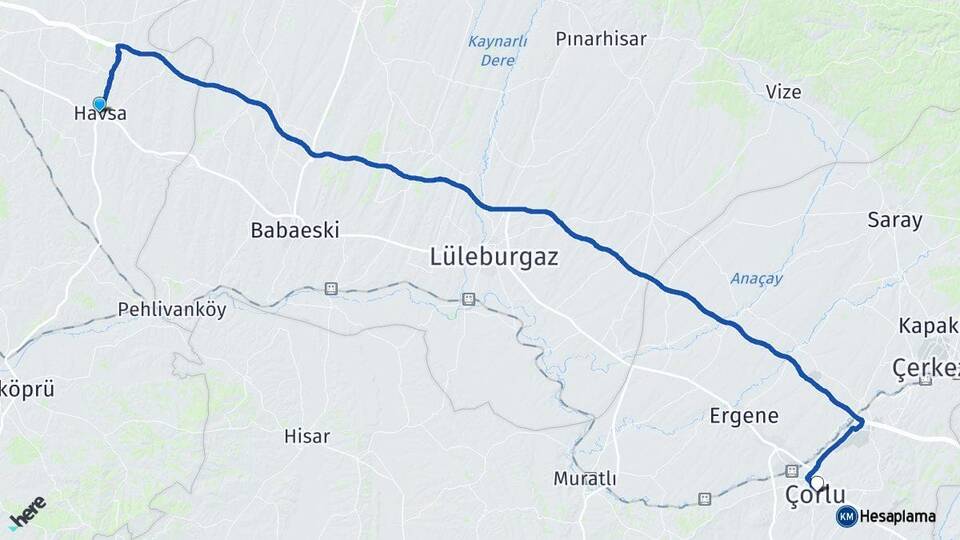 Edirne Havsa Çorlu Tekirdağ Arası Kaç Km - Yol Haritası