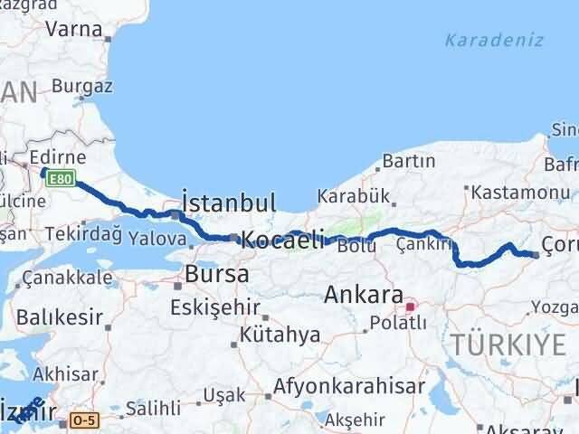 Edirne Havsa Çorum Arası Kaç Km - Yol Haritası
