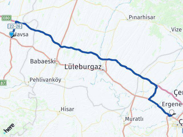 Edirne Havsa Cumhuriyet Ergene Tekirdağ Arası Kaç Km - Yol Haritası