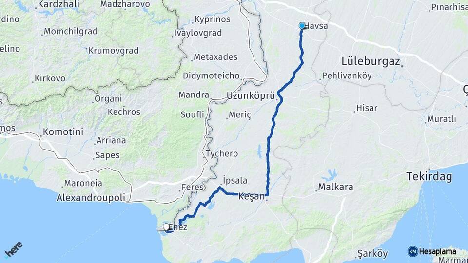 Edirne Havsa Enez Arası Kaç Km - Yol Haritası