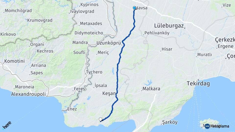 Edirne Havsa Erikli Keşan Arası Kaç Km - Yol Haritası