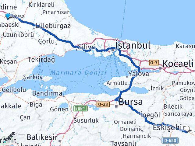 Edirne Havsa Eskişehir Arası Kaç Km - Yol Haritası