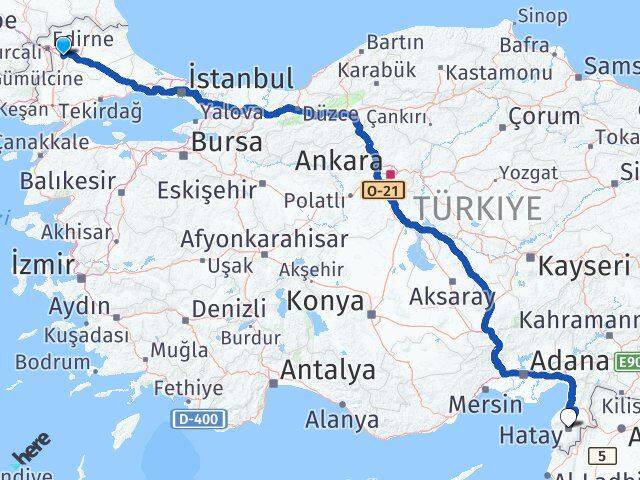 Edirne Havsa Hatay Arası Kaç Km - Yol Haritası