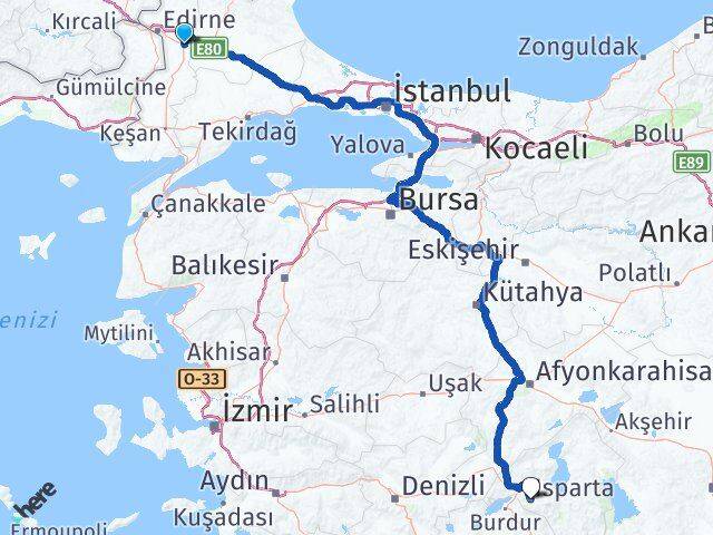 Edirne Havsa Isparta Arası Kaç Km - Yol Haritası