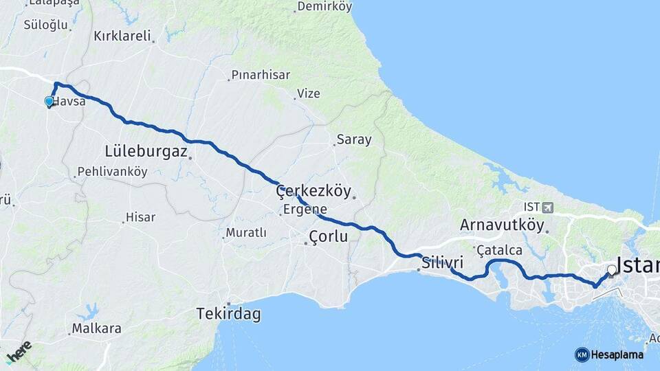 Edirne Havsa İstanbul Arası Kaç Km - Yol Haritası