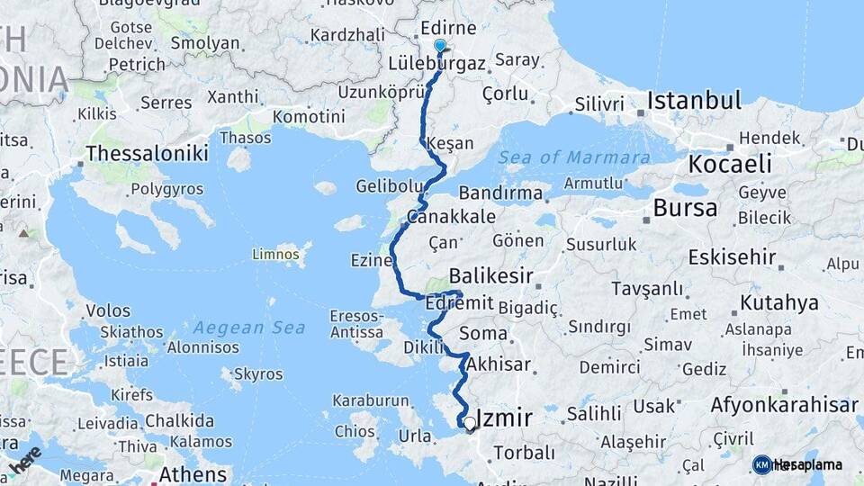 Edirne Havsa İzmir Arası Kaç Km - Yol Haritası