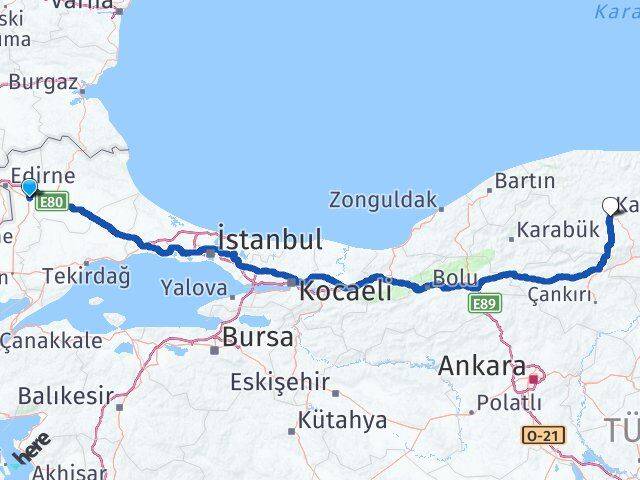 Edirne Havsa Kastamonu Arası Kaç Km - Yol Haritası