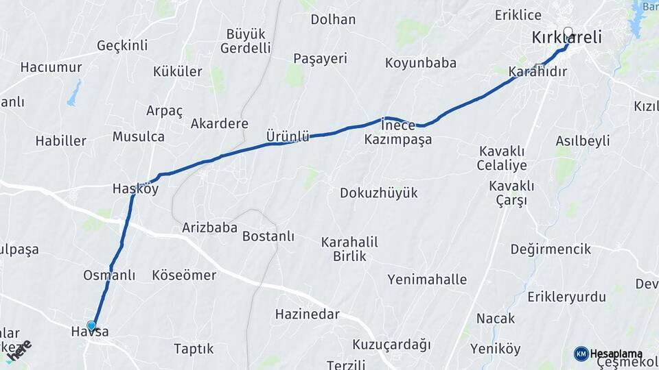 Edirne Havsa Kırklareli Arası Kaç Km - Yol Haritası