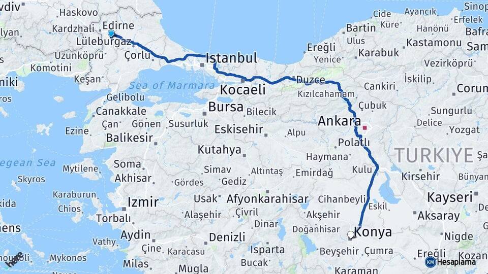 Edirne Havsa Konya Arası Kaç Km - Yol Haritası