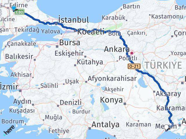Edirne Havsa Mersin Arası Kaç Km - Yol Haritası
