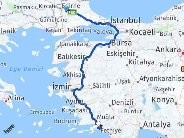 Edirne Havsa Muğla Arası Kaç Km - Yol Haritası