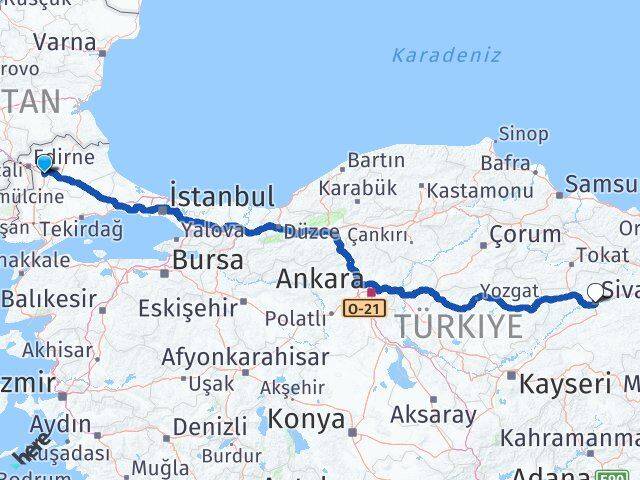 Edirne Havsa Sivas Arası Kaç Km - Yol Haritası