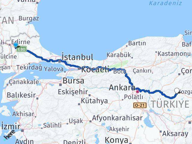 Edirne Havsa Yozgat Arası Kaç Km - Yol Haritası