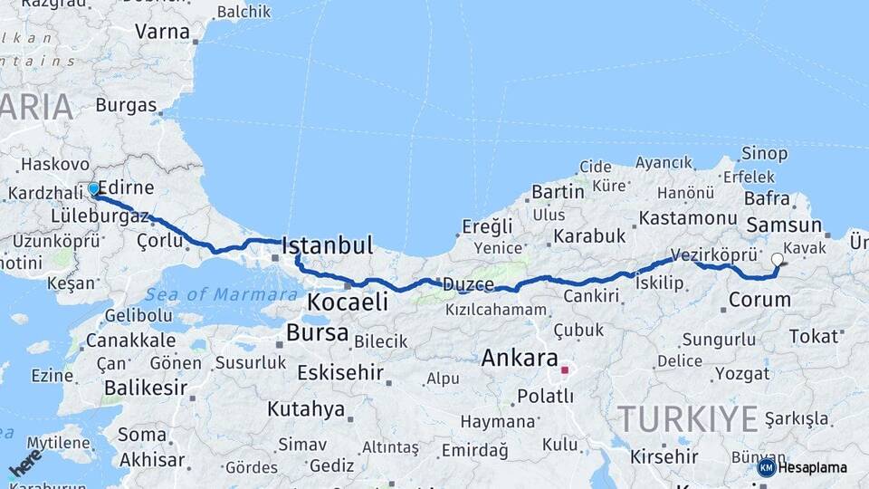 Edirne Havza Samsun Arası Kaç Km - Yol Haritası