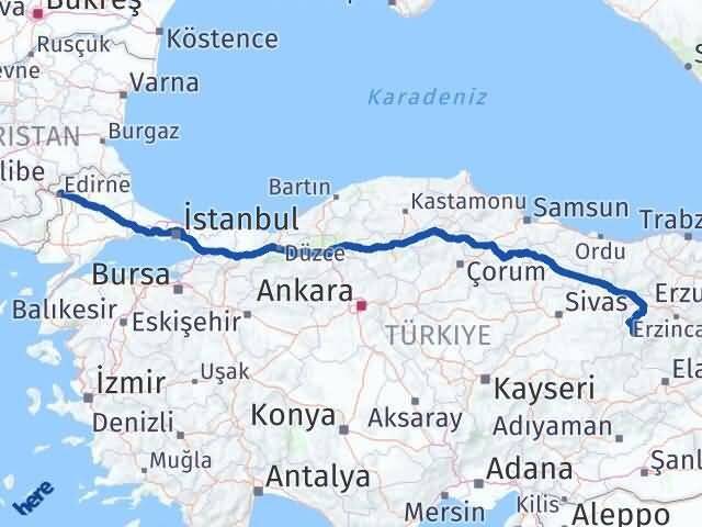 Edirne İliç Erzincan Arası Kaç Km - Yol Haritası