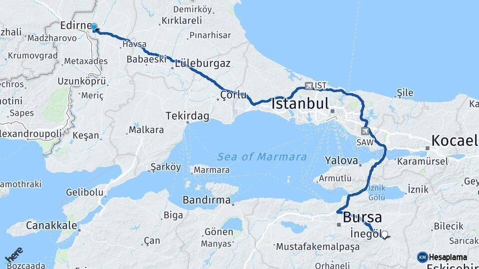 Edirne İnegöl Bursa Arası Kaç Km - Yol Haritası
