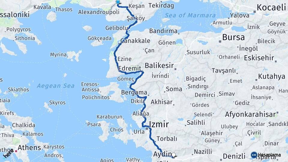 Edirne İpsala Aydın Arası Kaç Km - Yol Haritası
