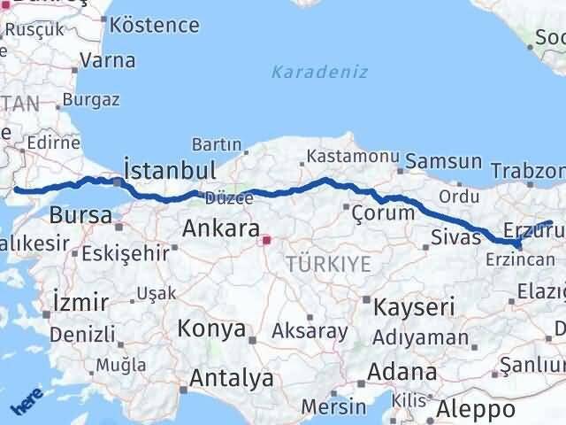 Edirne İpsala Bayburt Arası Kaç Km - Yol Haritası