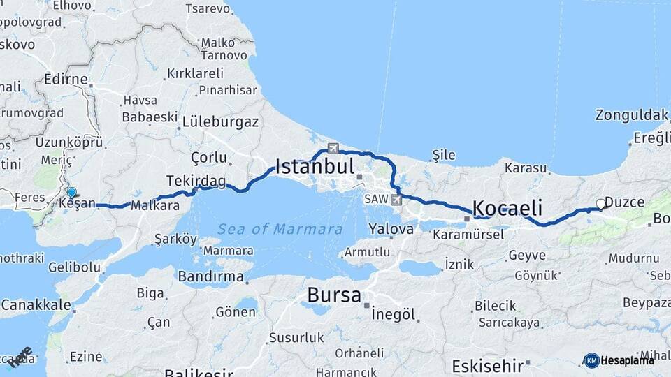 Edirne İpsala Düzce Arası Kaç Km - Yol Haritası