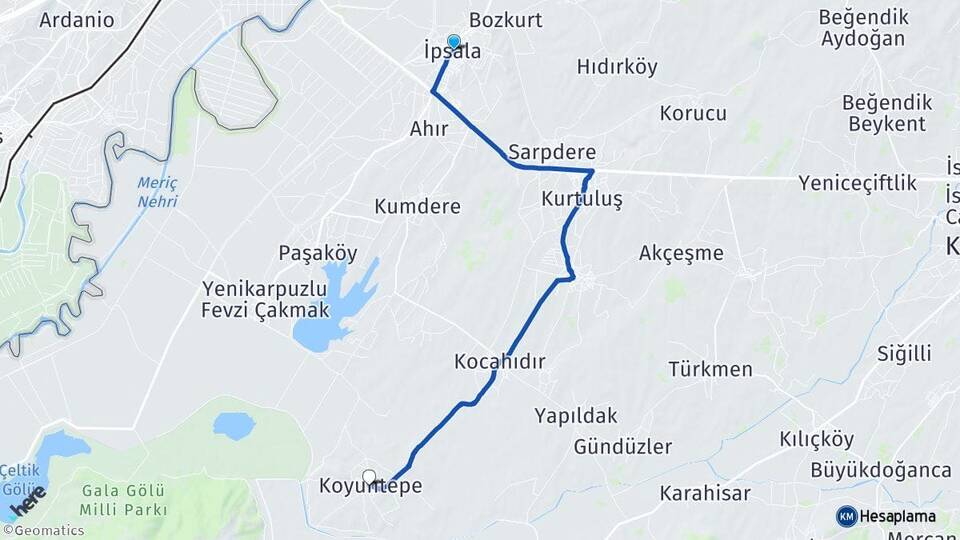 Edirne İpsala Koyuntepe İpsala Arası Kaç Km - Yol Haritası