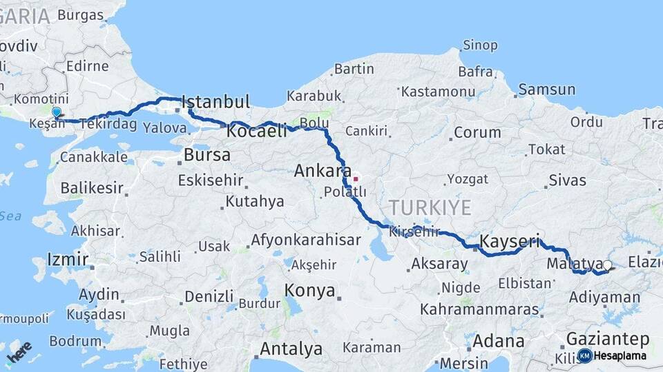 Edirne İpsala Malatya Arası Kaç Km - Yol Haritası