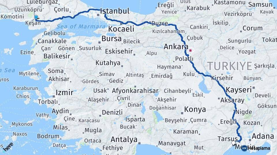 Edirne İpsala Mersin Arası Kaç Km - Yol Haritası