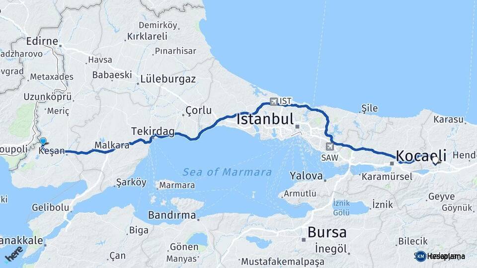Edirne İpsala Sakarya Arası Kaç Km - Yol Haritası