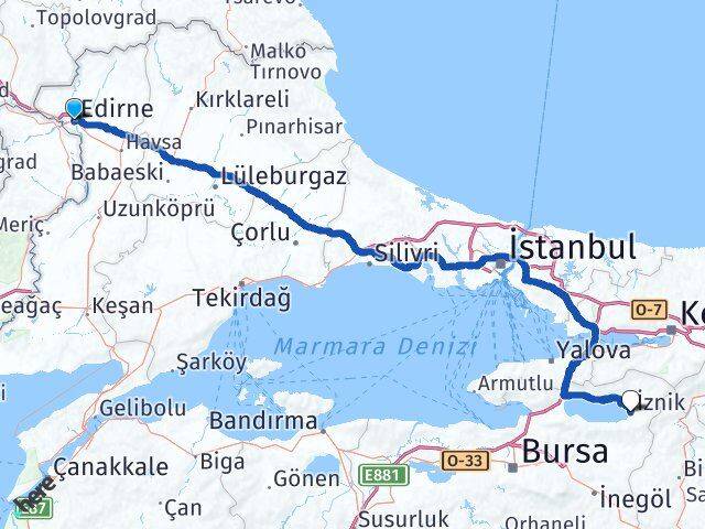 Edirne İznik Bursa Arası Kaç Km - Yol Haritası