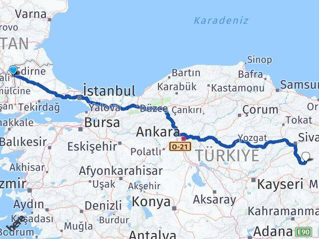 Edirne Kangal Sivas Arası Kaç Km - Yol Haritası