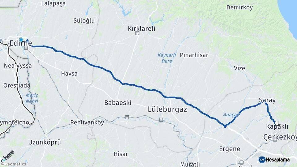 Edirne Kapaklı Tekirdağ Arası Kaç Km - Yol Haritası