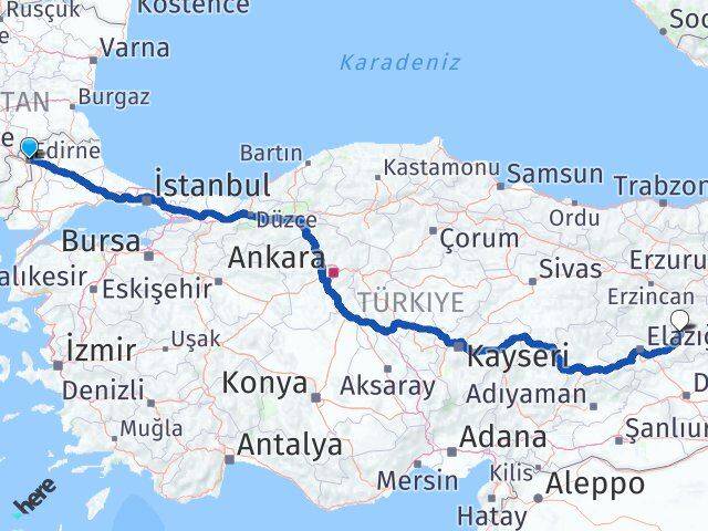 Edirne Karakoçan Elazığ Arası Kaç Km - Yol Haritası