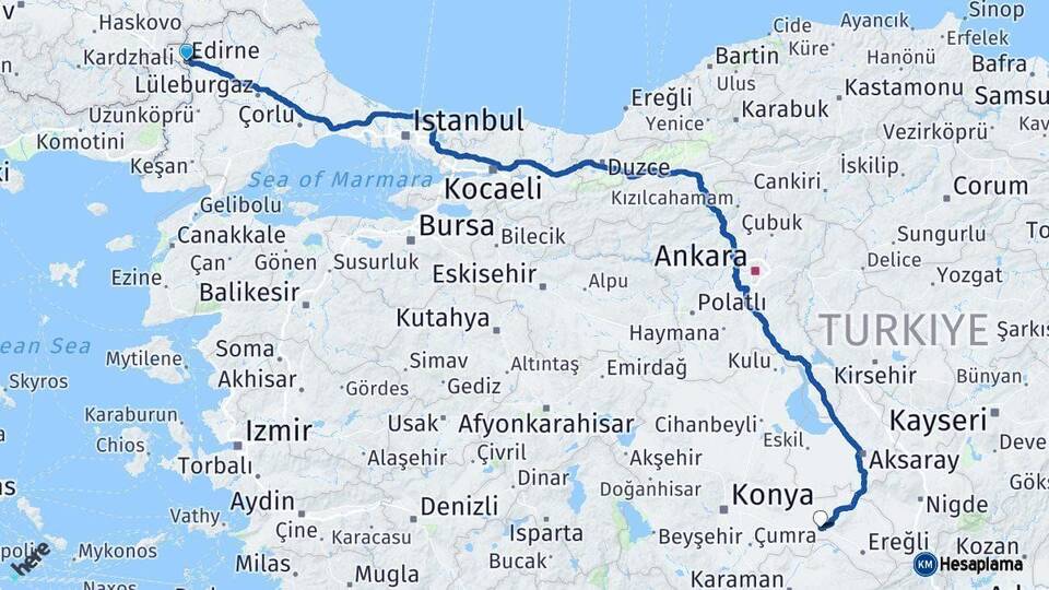 Edirne Karapınar Konya Arası Kaç Km - Yol Haritası