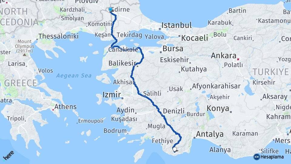 Edirne Kasaba Kaş Antalya Arası Kaç Km - Yol Haritası
