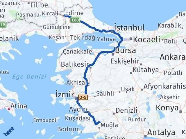 Edirne Kavaklıdere Muğla Arası Kaç Km - Yol Haritası