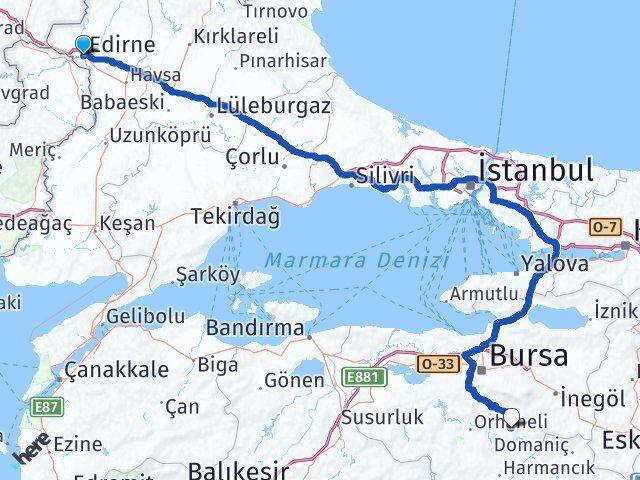 Edirne Keles Bursa Arası Kaç Km - Yol Haritası
