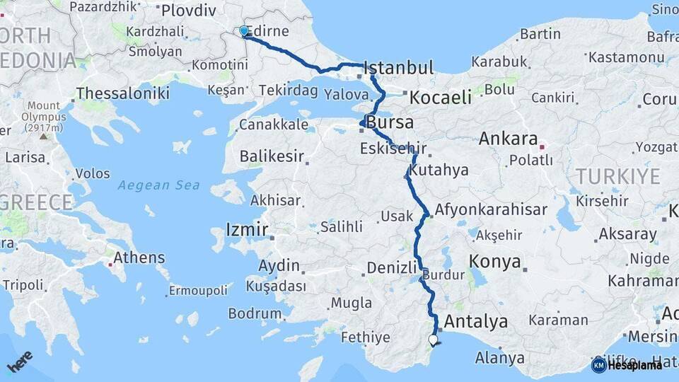 Edirne Kemer Antalya Arası Kaç Km - Yol Haritası