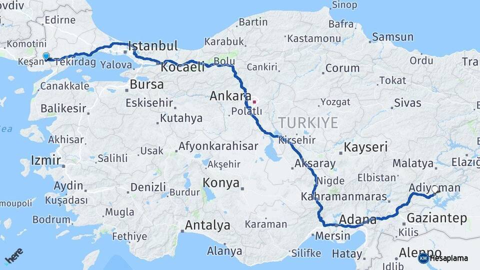 Edirne Keşan Adıyaman Arası Kaç Km - Yol Haritası