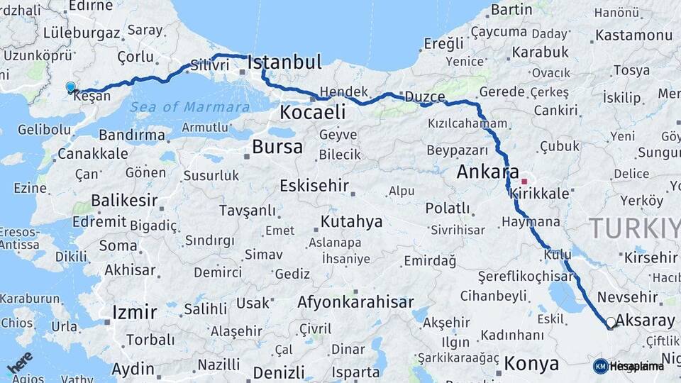 Edirne Keşan Aksaray Arası Kaç Km - Yol Haritası