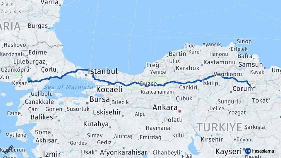 Edirne Keşan Amasya Arası Kaç Km - Yol Haritası