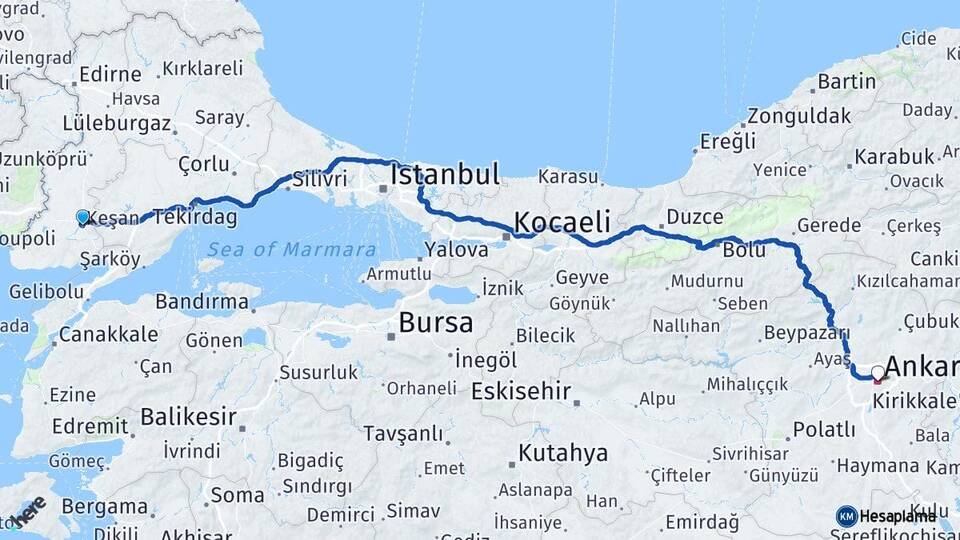 Edirne Keşan Ankara Arası Kaç Km - Yol Haritası