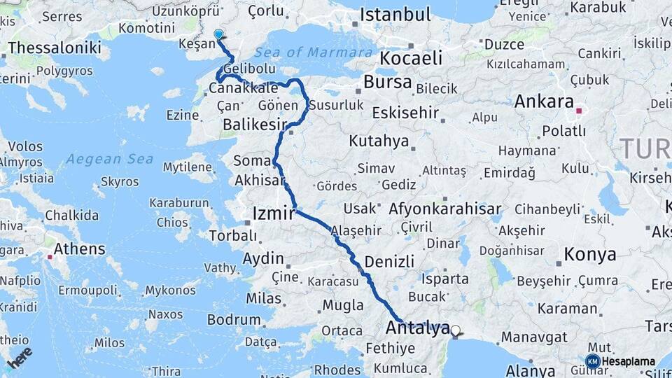 Edirne Keşan Antalya Arası Kaç Km - Yol Haritası
